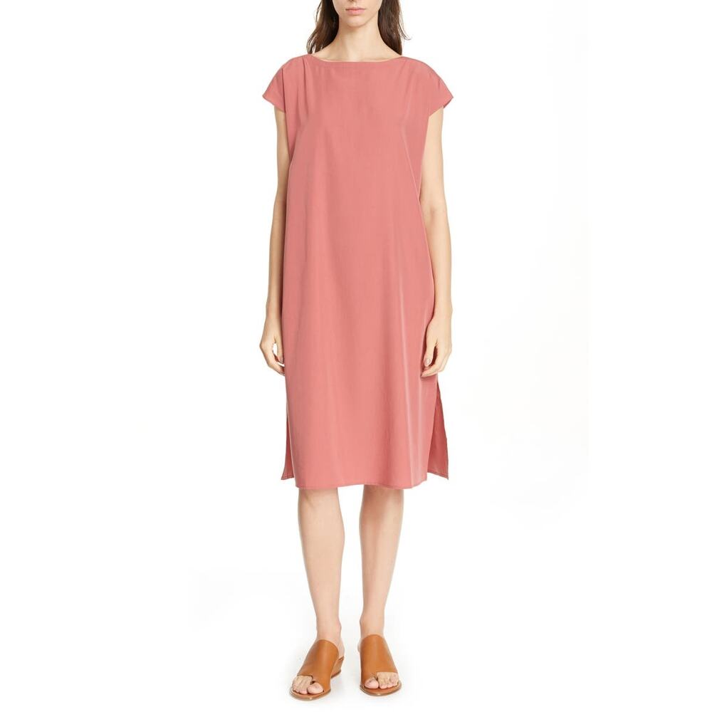 Eileen Fisher Chutney Sandwashed Bateau Neck Tencel Side Slit Shift Dress XXS